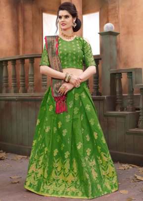 DESIGNER SOFT TIFI SILK LEHENGA LIGHT GREEN WITH RANI PINK.