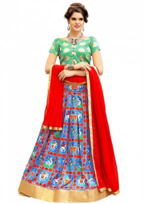 DESIGNER TWRILL SILK DIGITALLY PRINTED LEHENGA RAMA AND RED.