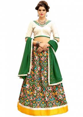 DESIGNER TWRILL SILK DIGITALLY PRINTED LEHENGA GREEN AND WHITE.