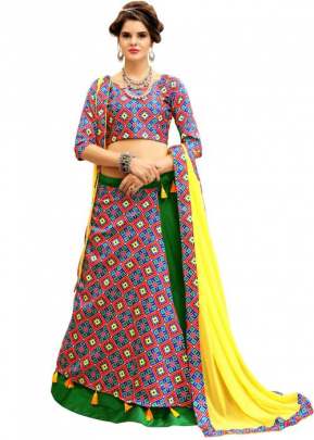 DESIGNER TWRILL SILK DIGITALLY PRINTED LEHENGA BLUE AND YELLOW.