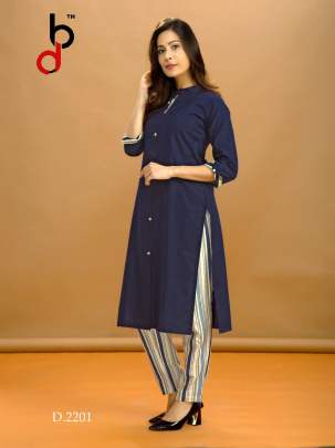 Designer Blend Cotton With Fancy Button Nevy Blue Color Kurti