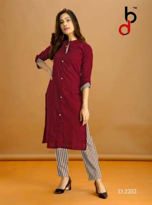 Designer Blend Cotton With Fancy Button Maroon  Color Kurti