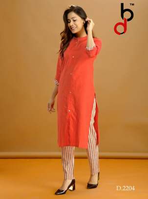 Designer Blend Cotton With Fancy Button Orange  Color Kurti
