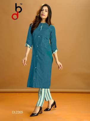 Designer Blend Cotton With Fancy Button Jade Blue Color Kurti