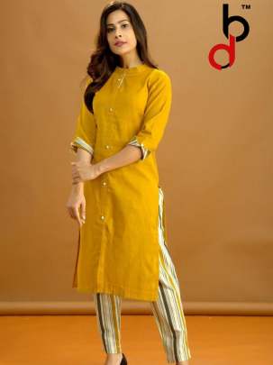 Designer Blend Cotton With Fancy Button Turmeric Yellow Color Kurti