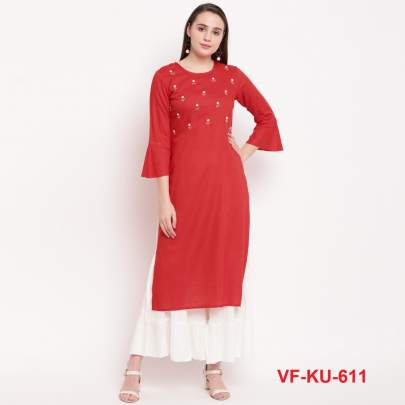 Designer Handwork Rayon Kurti Red