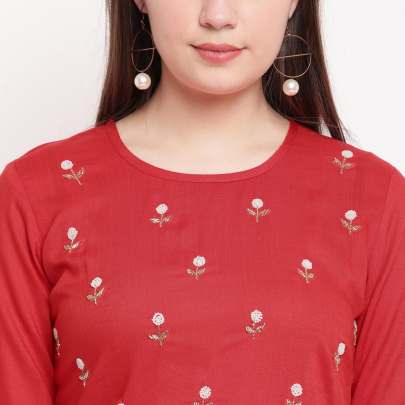 Designer Handwork Rayon Kurti Red