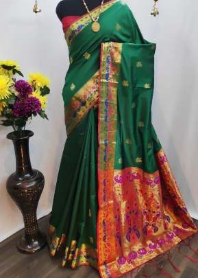 Designer Paithani Lichi Silk Green Color Saree