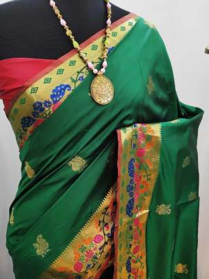 Designer Paithani Lichi Silk Green Color Saree