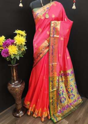 Designer Paithani Lichi Silk Peach Color Saree