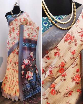 Digital Print Tussar Silk Cream Orange