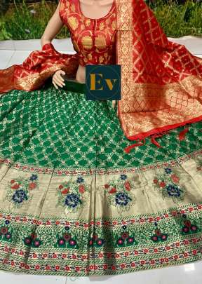 ETHNIC BROCADE LEHENGA CHOLI IN GREEN AND RED COLOR 