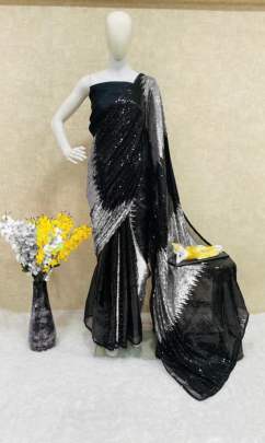 FASCINATING DUAL SEQUENCE WORK GEORGETTE SAREE IN GREY BLACK COLOR
