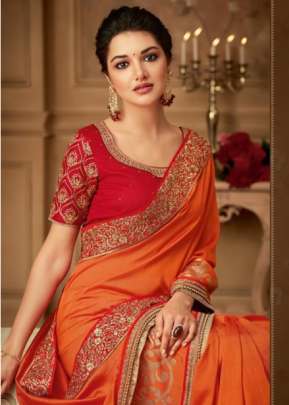 Fancy Party Wear Designer Orange Color Royal Catalog Saree