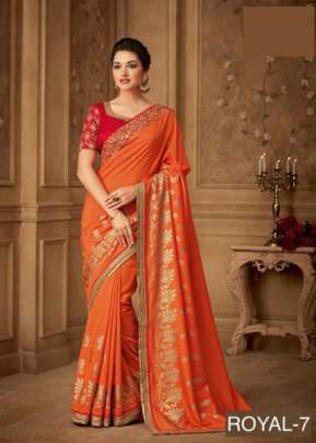 Fancy Party Wear Designer Orange Color Royal Catalog Saree