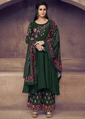 Faux Georgette With Embroidery Designer Palazzo Suit Dark Green Color Suit