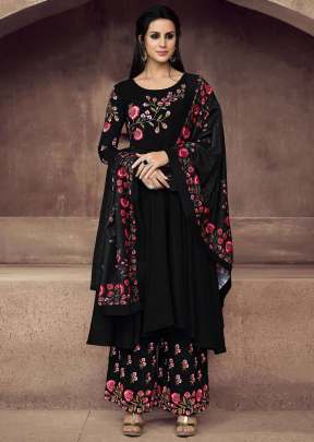 Faux Georgette With Embroidery Designer Palazzo Suit Black Color Suit 