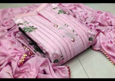 Flower Work Light Pink Color Dress Material