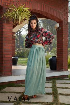 Frill   Flare Vol  2 Skirt Top In Black And Pista Green Color By SHUBHKALA