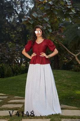 Frill   Flare Vol  2 Skirt Top In Maroon and White Color By SHUBHKALA