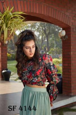 Frill   Flare Vol  2 Skirt Top In Black And Pista Green Color By SHUBHKALA