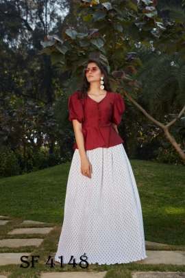 Frill   Flare Vol  2 Skirt Top In Maroon and White Color By SHUBHKALA