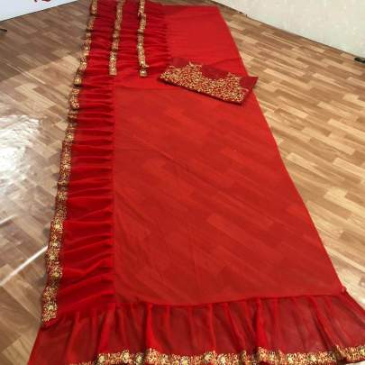 GEORGETTE WITH EMBROIDERY WORK WITH DAYMOND HAND WORK WITH RUFFLE