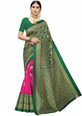 GREEN & PINK ART SILK PRINTED SOLID DESIGN WITH  BORDER