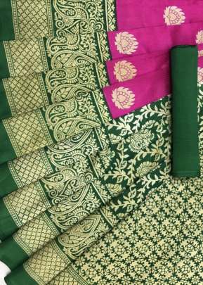GREEN & PINK ART SILK PRINTED SOLID DESIGN WITH  BORDER