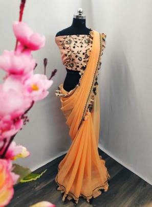  Georgette Saree With Digital Print Ruffle Light Orange