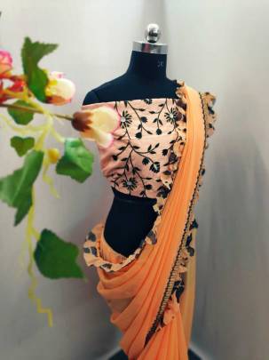 Georgette Saree With Digital Print Ruffle Light Orange