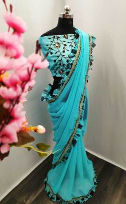  Georgette Saree With Digital Print Ruffle Rama