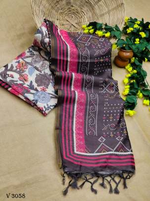 Grey And White Color Zara Linen Cotton Printed Saree