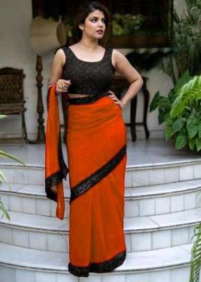 HEAVY GEORGETTE ORANGE COLOUR SAREE WITH  BEAUTIFUL TONE TO TONE SEQUENCE BORDER