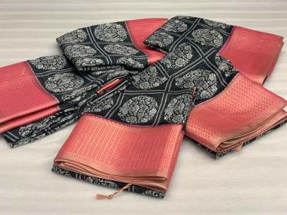 Handloom Linen Saree Black   Peach