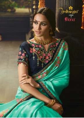 Heavy Designer Saree In Rama Color With Purple Sade Navy Blue Blouse