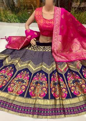 Heavy Desinger Look Brocade  fabric Blue & Pink colour lehengha with inner , cancan & canvas