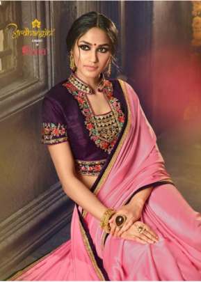 Heavy Neck Work Blouse Saree In Peach Color