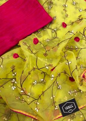 Heavy Organza With Embroidery Work Yellow Color Saree