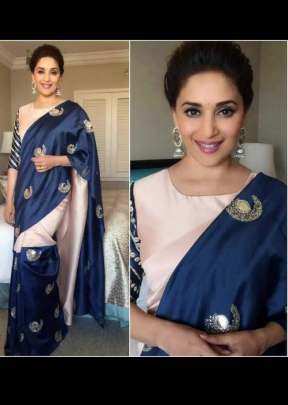 Heavy Padding Crape Silk Satin Madhuri Blue Color Saree