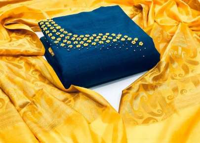 Heavy chanderi with Khatli work Unstiched Dress MateriaL Blue And Yellow .
