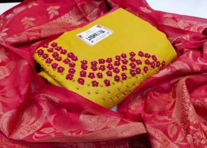 Heavy chanderi with Khatli work Unstiched Dress MateriaL Pink And Yellow .