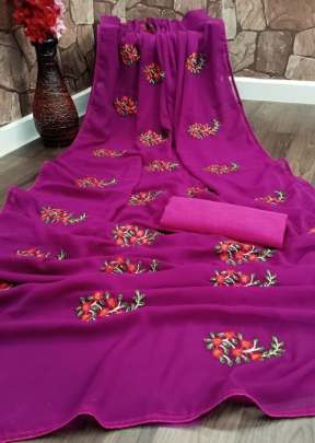 Indian Glory Geogette Flower Work Rani color Saree