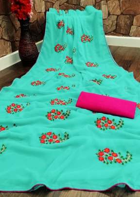 Indian Glory Geogette Flower Work Light Rama Green color Saree