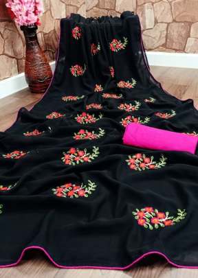 Indian Glory Geogette Flower Work Black color Saree