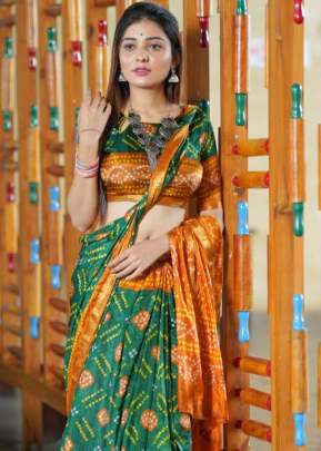 Indian Glory Silk With Zari Border Dark Green With Turmeric Color Saree