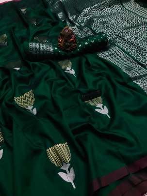 Jam Lichi Silk With Weaving Silver And Gold Jari Dark Green