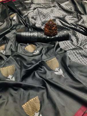Jam Lichi Silk With Weaving Silver And Gold Jari Grey