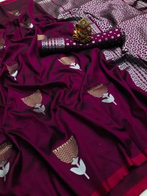 Jam Lichi Silk With Weaving Silver And Gold Jari Magenta