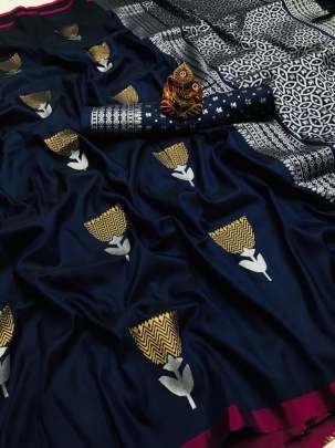 Jam Lichi Silk With Weaving Silver And Gold Jari Dark Blue